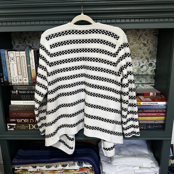Talbots Cardigan Sweater Open Front Textured White and Black Waterfall Large P - Picture 6 of 9